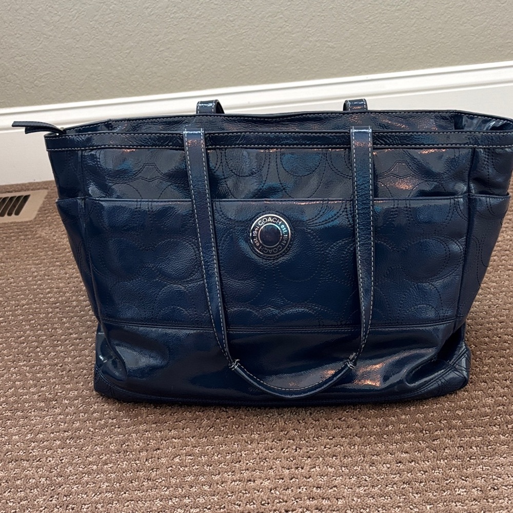 Coach Navy Patent Leather Signature Tote or diaper bag